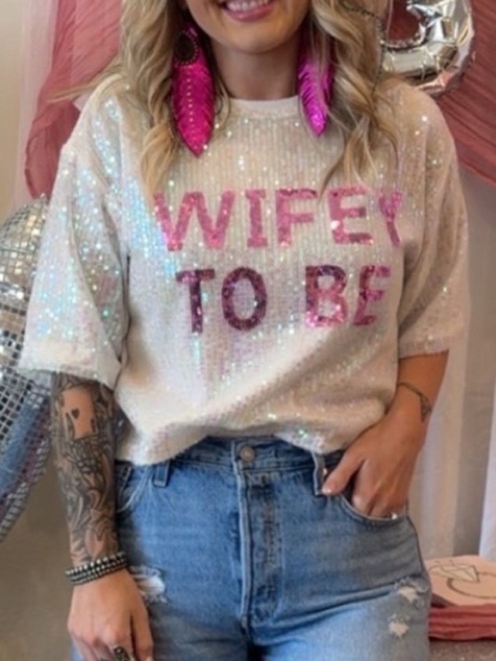 Hello Molly Sequin Shirt with Pink "Wifey To Be"
